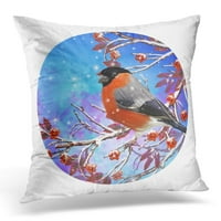 Okrugli oblik Božića zima mala ptica titla sjedala na snijegu natkrivene grane plave bobice crvena jastučna