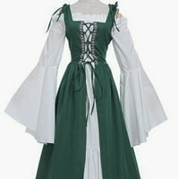 Kvadratni ovratnik flare čipke dugih rukava šiveni veliki hem patchwork boju srednjovjekovna haljina