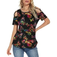 HHEI_K Žene cvjetne printeke kratkih rukava za hladne majice za hladne ramene bluze opružne vrhove za