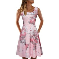 Lovskoo Womins Ljetne haljine Drešene haljine bez rukava Crewneck Karta Print Haljina Plaža Pink