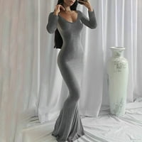 Ženska solidna boja V izrez dugi rukavi bez leđa mršave fit duge haljine plus veličina haljina sive