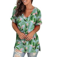 Ženski vrhovi modne žene casual tiskarske košulje kratki rukav labav vrhovi V izrez bluza Green XXL