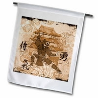 3Droza smeđa samurajski ratnik protiv orijentalne zgrade sa orijentalnim pisanjem. - Zastava bašte,