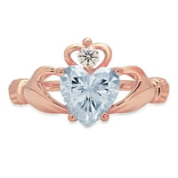 1. CT Sjajan srčani rez simulirani Blue Diamond 14k Rose Gold Solitaire Claddagh prsten SZ 8.25