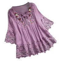 Clearsance plus veličina bluza za žene Vintage čipkasti patchwork luk V izrez Top čvrsta majica Cvjetni