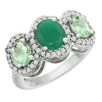 14k bijeli zlatni prirodni hq smaragd i zeleni ametist 3-kameni prsten ovalni dijamantski akcent, veličina