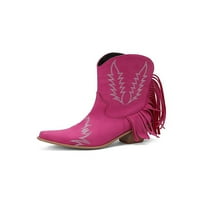Zodanni ženske casual western čizme Udobne cipele Chunky Heel Fringe vezene cipele Mid-Heel Povucite