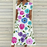 Ženski džepovi Midi haljine, Ležerne ljetne kratkih rukava V-izrez Haljina Vintage cvjetna print plaža