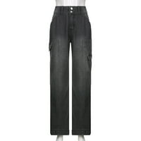 HHEI_K modne žene visoki struk višestruki džepni traperici labavi povremeni ravni pantalone za noge
