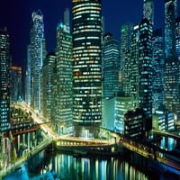 Chicago Skyline noću, Chicago, Cook County, Illinois, Sjedinjene Američke Države Poster Print panoramskim