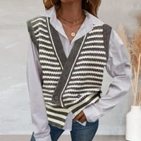 Ženski džemperi prugali su tiskani V-izrez bez rukava na rukavu vest tuniki modni vrhovi praznični učitelji