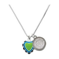 Silvertone Lime Green & Silvertone vruće plavo srce s crnim ruffles - snježne pahulje su ogrlicu