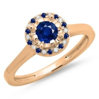 0. Carat 18k Rose Gold Round Blue Sapphire & White Diamond Dame Bridal Halo Style Angažman prsten CT