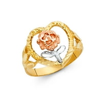 Čvrsta 14k žuta bijela ruža zlato srce i cvjetni prsten za cvijeće, dva tona, veličina 8.5