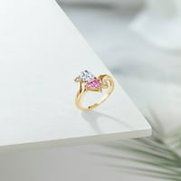 Gem Stone King 18K žuti pozlaćeni srebrni ružičasti ružičasti dvostruki srčani prsten za žene postavljene