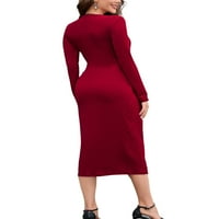 Colisha ženski džemper haljina s dugim rukavima midi haljine V izrez seksi zima Split crveni xl
