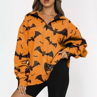 Tking modni duks za žene s dugim rukavima Lapel Halloween tisak za ispis labavih zip pulover majica