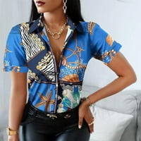 Amousa Fashion ženski blokiranje u boji V-izrez retro stil rever kratkih rukava casual majica kratkih