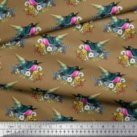 Soimoi Brown Viscose Šifon od listova tkanine, cvjetni i američki robin ptica štampano tkanine široko