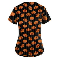 Halloween odjeća za žene bluze za žene kratki rukav V-izrez Halloween tiskani džepni vrhovi crne xxl