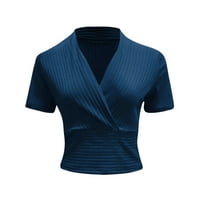 Cuoff bluze za žene modni V-izrez seksi vitka fit čvrsta majica kratkih rukava ženske vrhove plave s