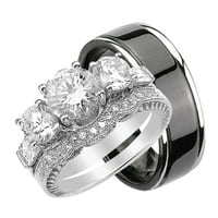 Njegovi i njeni vjenčani prstenovi postavili su njen sterling srebrni crno poplaćeni titanijski bend