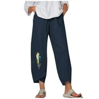 Capri pantalone za žene pamučne posteljine široke noge od tiskane ljetne hlače plaže elastične struke