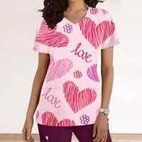 CETHRIO majice za žene - modni kratki rukav V-izrez Radni unifor za žene sretan tisak zaljubljenih sa