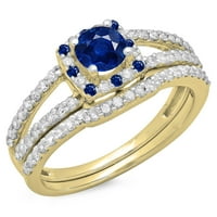 DazzlingRock kolekcija 14k Round Blue Sapphire & White Diamond Split Skink Halo Angažman prsten, žuti