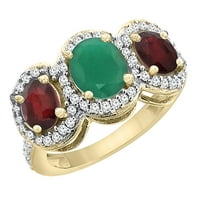 14k žuto zlato prirodno hq smaragdno i poboljšani ruby ​​3-kameni prsten ovalni dijamant akcent, veličine