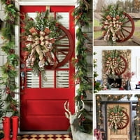 Zimski vijenac za točkove sa seoskim kućama, Crveni vagon Božićni vijenac za ulazne vrata, Božićni ukrasi