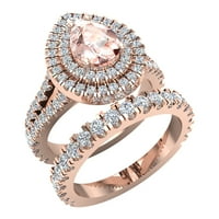 Pear Cut Pink morgatit Double Halo Wedding Ring Set Split Shank 14k Rose Gold 3. Carat