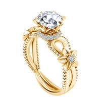 1. Carat Round Moissine & Prirodni dijamantni zvjezdani prsten za cvijeće 14K Čvrsto žuto zlatno prsten