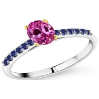 Gem Stone King 1. CT Pink Created Sapphire Blue Created Sapphire 10k bijeli zlatni prsten sa žutim zlatnim