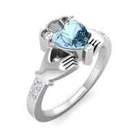 Superjeweler Carat Oblik srca Aquamarine i Diamond Claddagh prsten u sterlingu srebra za žene