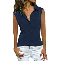Žene T majice Čvrsta boja Isključite tipke rever bez rukavica sa džepovima Bluze za slobodno vrijeme