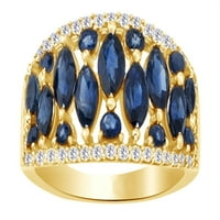 Marquise Cut simulirani plavi safir, bijeli prirodni dijamantski prsten u 10k žutom zlatnom prstenu