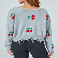 Ženski džemper s dugim rukavima V izrez Fringe Cherry Plaid pletene pulover Jeseni skakači slatki vrhovi