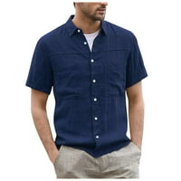 Muška ljetna casual gumba Up košulja pamučne posteljine kratkih rukava dva džepa široka kutna košulja