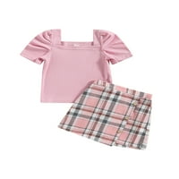 Dječje suknje za djevojke Set ružičaste kratke rukavske rebraste majice na vrhovima + a-line suknje