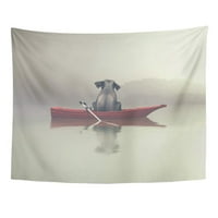 Slon sjedi u crvenom čamcu maglovitim morem Ovo je 3D render zidne umjetnosti viseći tapiserski kućni