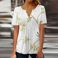 Tking Fashion Womens Ljeto V izrez kratki rukav Naplaćeni vrhovi labavi cvjetni gumb za tisak T majice