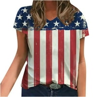 Žene Ljetne vrhove V izrez Američka zastava 4. srpnja T majice Kratki rukav USA Zvijezde Stripes Majica