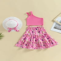 Djevojke za dijete Ljeto odijelo setovi pune boje bez rukava jedno rame + cvjetna suknja + šešir