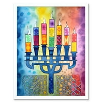 Jevrejsko menorah svijeće Multicolour Folk Art Attercolor Slikarstvo Umjetnost Ispis Framed Poster zidni