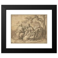 Polidoro da Caravaggio Crni moderni uokvireni muzej umjetnički print pod nazivom - Sveta porodica sa Svetim Elizabetom i novorođenčadi Ivana Krstitelja