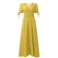 Ljetne haljine za žene V-izrez cvjetni a-line dužine gležnja, casual haljina kratkih rukava žuti xl