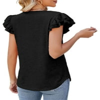 Bomotoo Women V vrat kratki rukav ljetni bluze TEE ruffle rukave s rukavima crna s