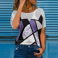 Ženska ljetna okrugla vrata čipka za spajanje kratkih rukava majica u boji blokiranje u boji tiskani vrhovi ljubičasti xxxl