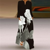 Jesenske haljine za žene ženska seksi digitalna tiskana dugačka haljina V-izrez sa džepovima Dugim rukavama